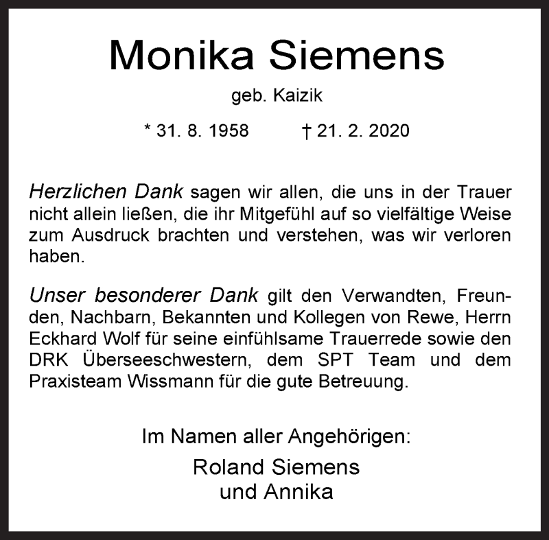  Traueranzeige für Monika Siemens vom 14.03.2020 aus Wilhelmshavener Zeitung