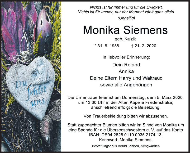  Traueranzeige für Monika Siemens vom 29.02.2020 aus Wilhelmshavener Zeitung