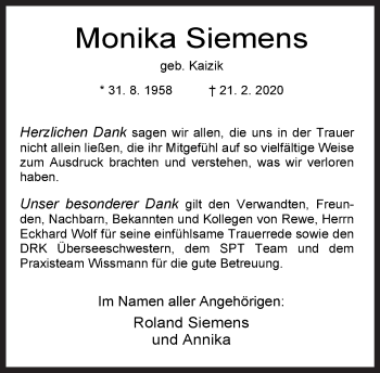 Traueranzeige von Monika Siemens von Wilhelmshavener Zeitung