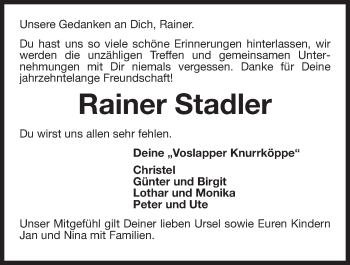 Traueranzeige von Rainer Stadler von Wilhelmshavener Zeitung