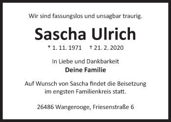 Traueranzeige von Sascha Ulrich von Rhein-Zeitung
