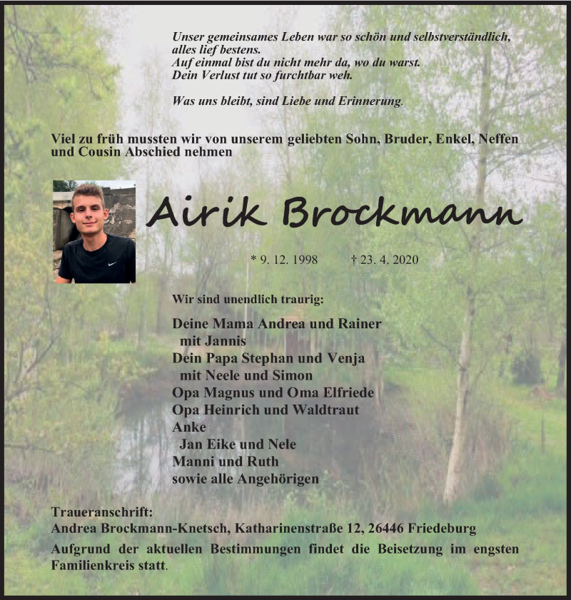  Traueranzeige für Airik Brockmann vom 28.04.2020 aus Anzeiger für Harlingerland