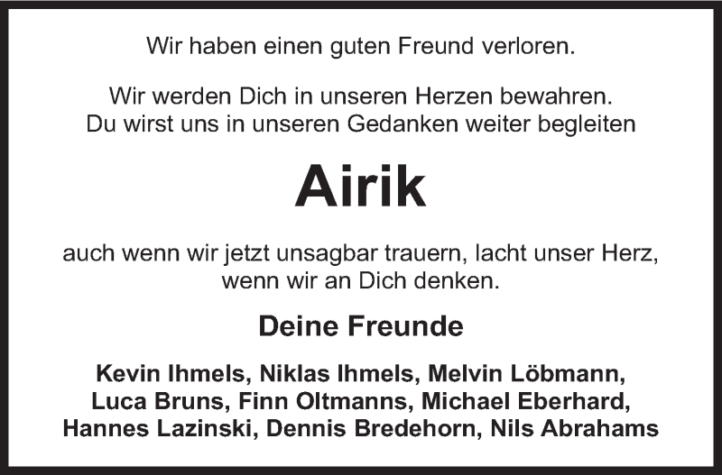  Traueranzeige für Airik Brockmann vom 30.04.2020 aus Anzeiger für Harlingerland