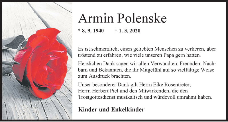  Traueranzeige für Armin Polenske vom 11.04.2020 aus Wilhelmshavener Zeitung
