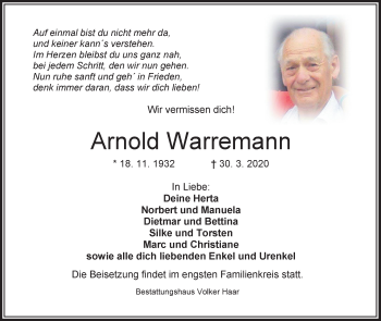 Traueranzeige von Arnold Warremann von Wilhelmshavener Zeitung