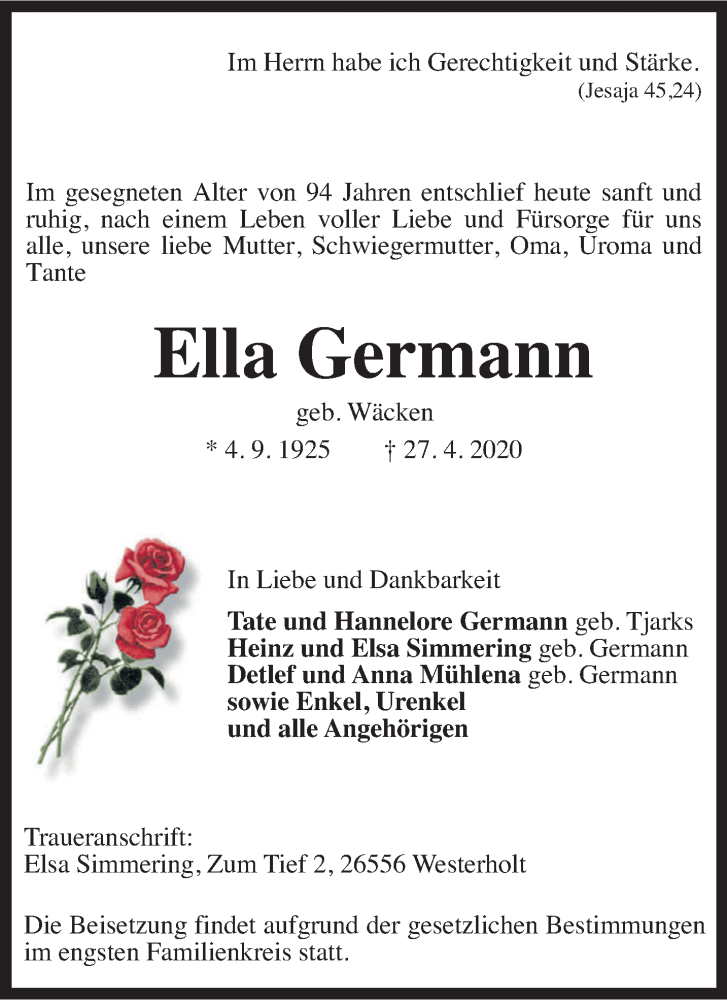  Traueranzeige für Ella Germann vom 29.04.2020 aus Anzeiger für Harlingerland