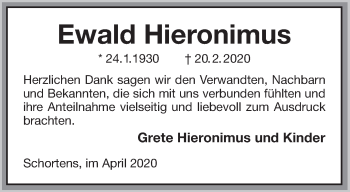 Traueranzeige von Ewald Hieronimus von Anzeiger für Harlingerland