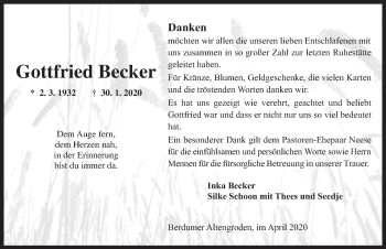 Traueranzeige von Gottfried Becker von Anzeiger für Harlingerland