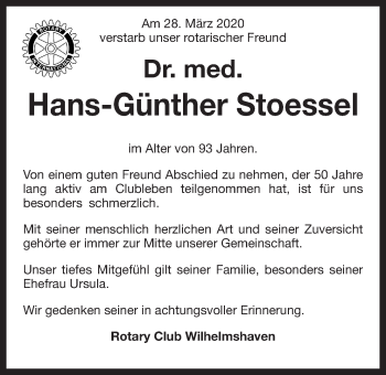 Traueranzeige von Hans-Günther Stoessel von Wilhelmshavener Zeitung