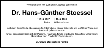 Traueranzeige von Hans-Günther Stoessel von Wilhelmshavener Zeitung