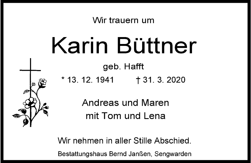  Traueranzeige für Karin Büttner vom 04.04.2020 aus Wilhelmshavener Zeitung