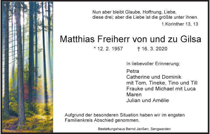  Traueranzeige für Matthias Freiherr von und zu Gilsa vom 11.04.2020 aus Wilhelmshavener Zeitung