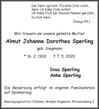 Traueranzeige von Almut Johanne Dorothea Sperling von Anzeiger für Harlingerland