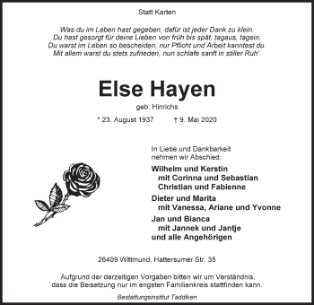 Traueranzeige von Else Hayen von Anzeiger für Harlingerland