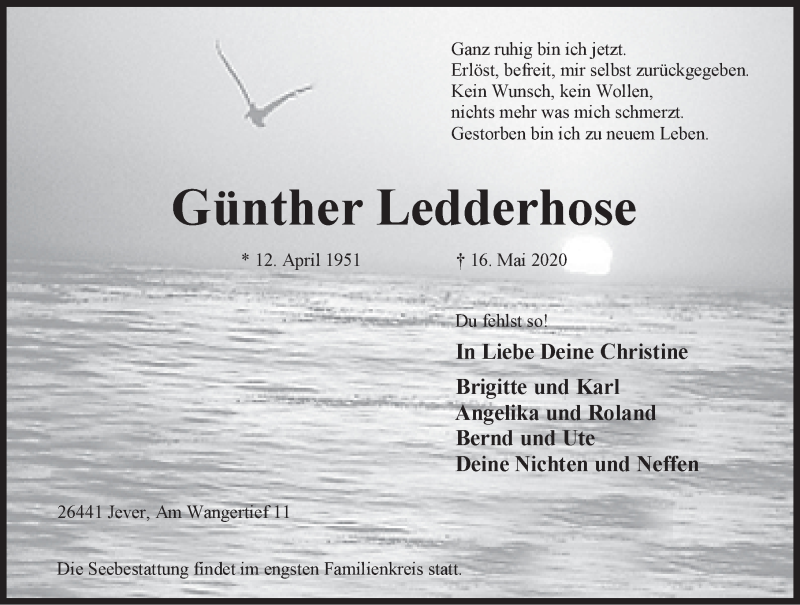  Traueranzeige für Günther Ledderhose vom 19.05.2020 aus Anzeiger für Harlingerland