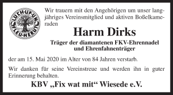Traueranzeige von Harm Dirks von Anzeiger für Harlingerland