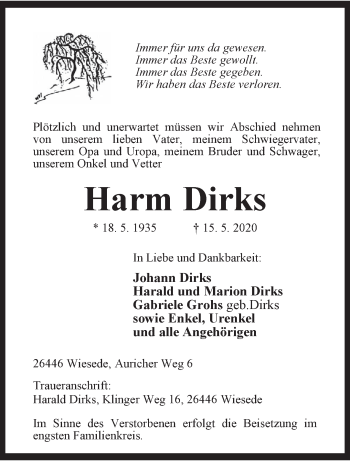 Traueranzeige von Harm Dirks von Anzeiger für Harlingerland