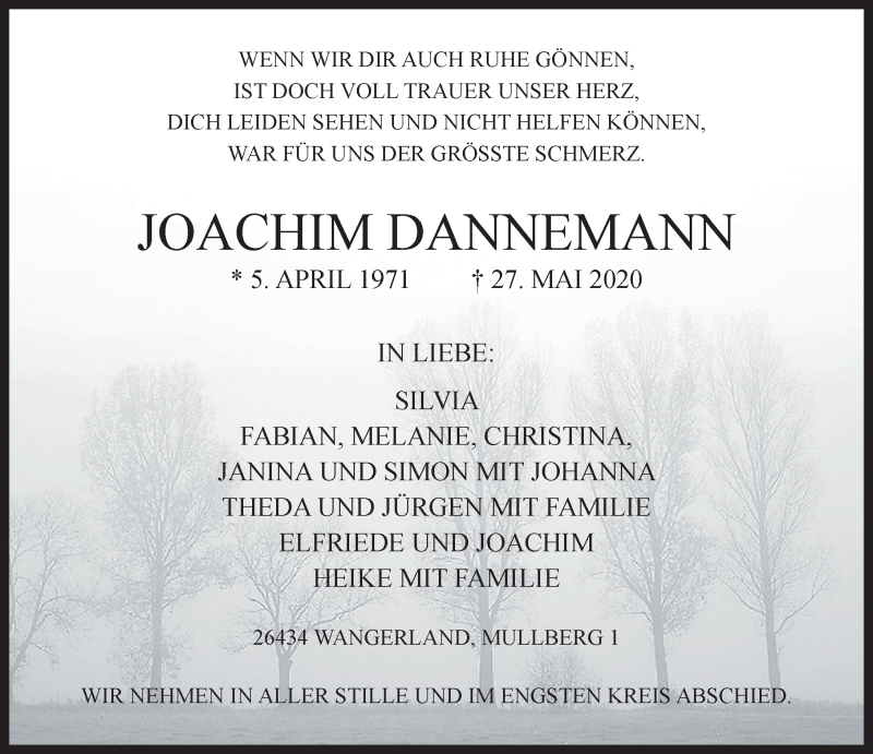  Traueranzeige für Joachim Dannemann vom 30.05.2020 aus Anzeiger für Harlingerland