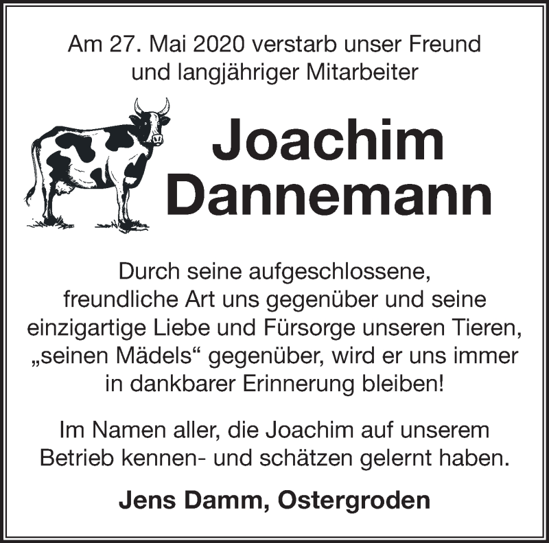  Traueranzeige für Joachim Dannemann vom 30.05.2020 aus Anzeiger für Harlingerland