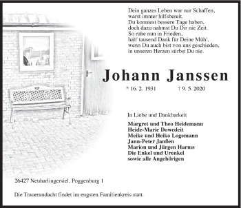 Traueranzeige von Johann Janssen von Anzeiger für Harlingerland