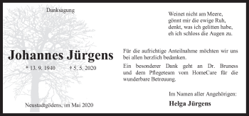 Traueranzeige von Johannes Jürgens von Anzeiger für Harlingerland