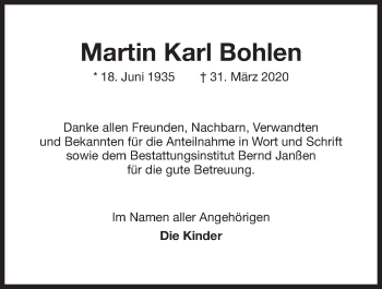Traueranzeige von Martin Karl Bohlen von Wilhelmshavener Zeitung