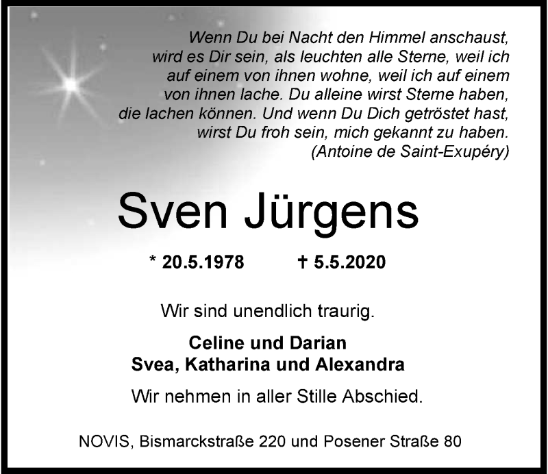  Traueranzeige für Sven Jürgens vom 09.05.2020 aus Wilhelmshavener Zeitung