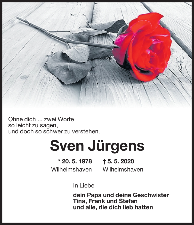  Traueranzeige für Sven Jürgens vom 09.05.2020 aus Wilhelmshavener Zeitung