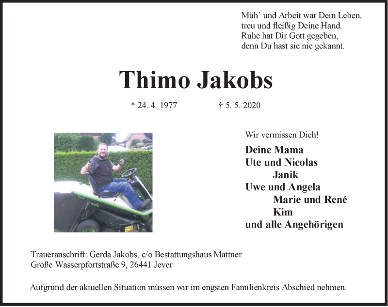  Traueranzeige für Thimo Jakobs vom 09.05.2020 aus Anzeiger für Harlingerland