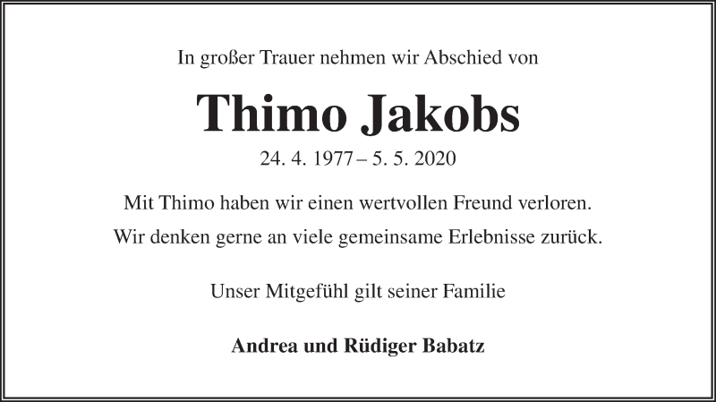  Traueranzeige für Thimo Jakobs vom 13.05.2020 aus Anzeiger für Harlingerland