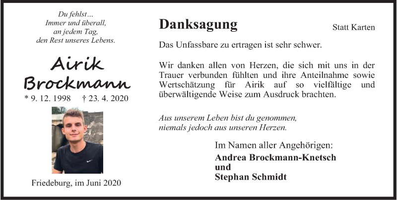  Traueranzeige für Airik Brockmann vom 06.06.2020 aus Anzeiger für Harlingerland