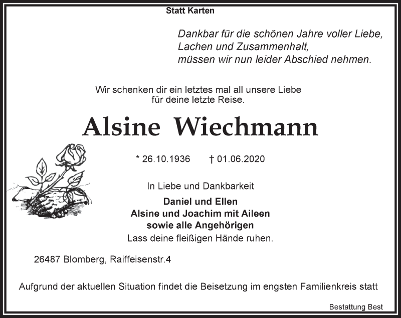  Traueranzeige für Alsine Wiechmann vom 02.06.2020 aus Anzeiger für Harlingerland
