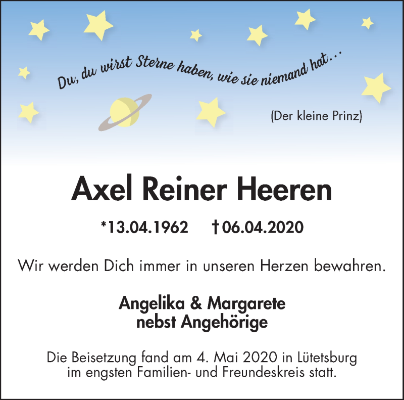  Traueranzeige für Axel Reiner Heeren vom 04.06.2020 aus Anzeiger für Harlingerland