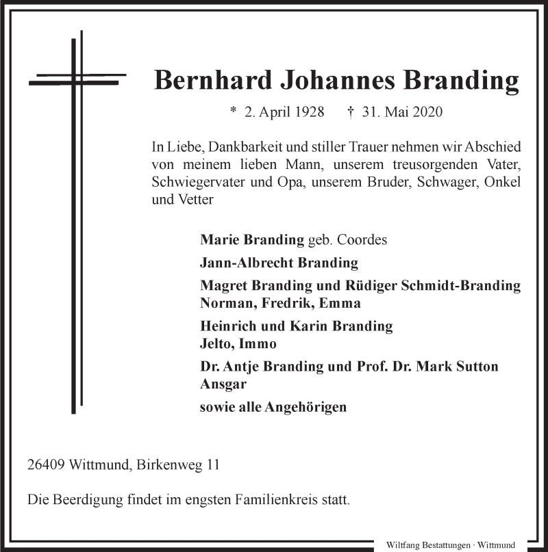 Traueranzeigen Von Bernhard Johannes Branding | Nordwest-trauer.de