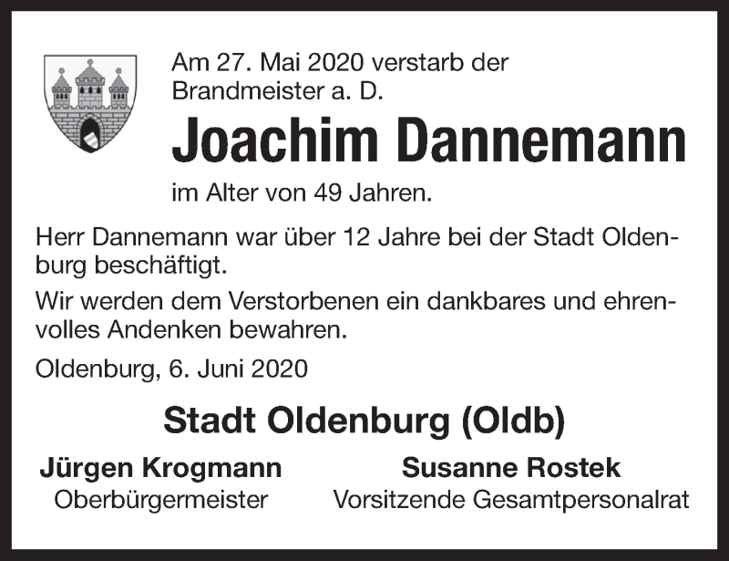  Traueranzeige für Joachim Dannemann vom 06.06.2020 aus Anzeiger für Harlingerland