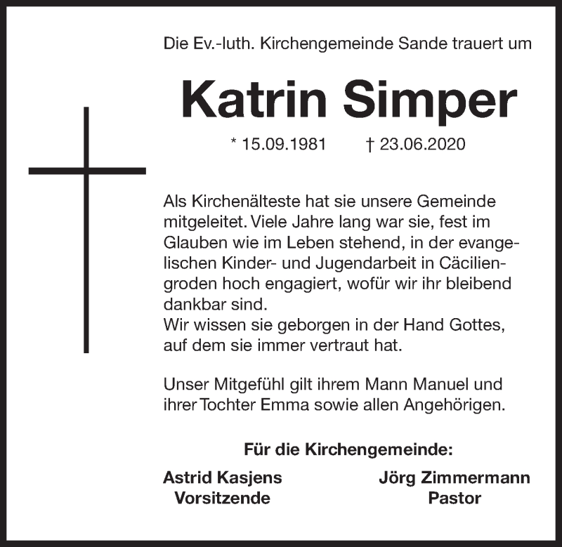  Traueranzeige für Katrin Simper vom 27.06.2020 aus Wilhelmshavener Zeitung