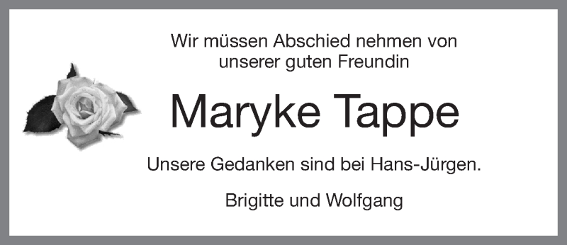  Traueranzeige für Maryke Tappe vom 06.06.2020 aus Wilhelmshavener Zeitung