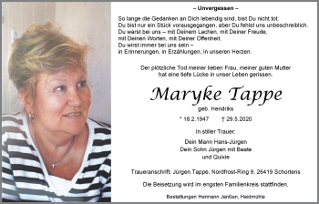 Traueranzeige von Maryke Tappe von Wilhelmshavener Zeitung