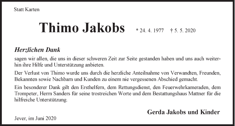  Traueranzeige für Thimo Jakobs vom 06.06.2020 aus Anzeiger für Harlingerland