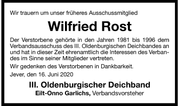 Traueranzeige von Wilfried Rost von Wilhelmshavener Zeitung