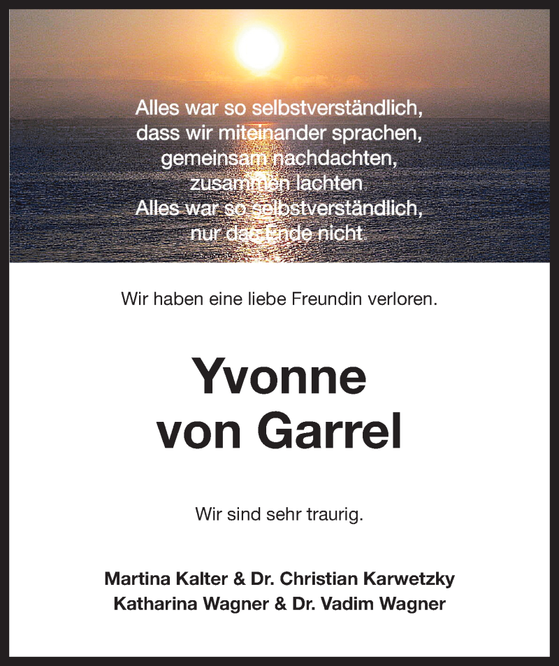  Traueranzeige für Yvonne von Garrel vom 10.06.2020 aus Wilhelmshavener Zeitung