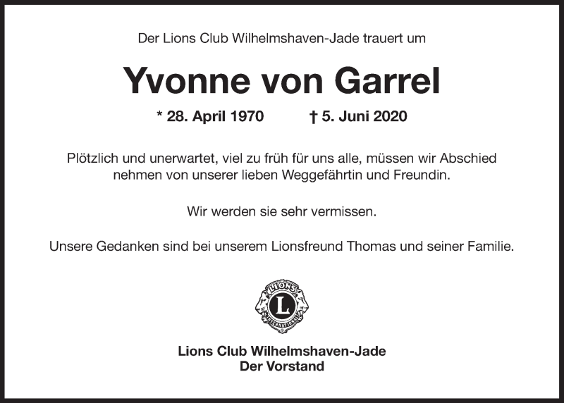  Traueranzeige für Yvonne von Garrel vom 13.06.2020 aus Wilhelmshavener Zeitung