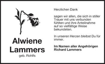 Traueranzeige von Alwiene Lammers von Anzeiger für Harlingerland