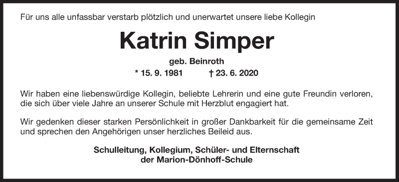  Traueranzeige für Katrin Simper vom 04.07.2020 aus Wilhelmshavener Zeitung