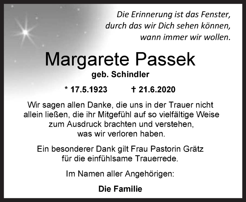  Traueranzeige für Margarete Passek vom 18.07.2020 aus Wilhelmshavener Zeitung