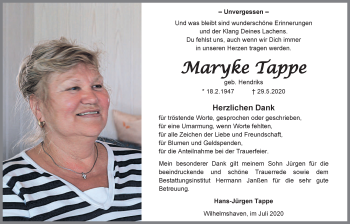 Traueranzeige von Maryke Tappe von Wilhelmshavener Zeitung