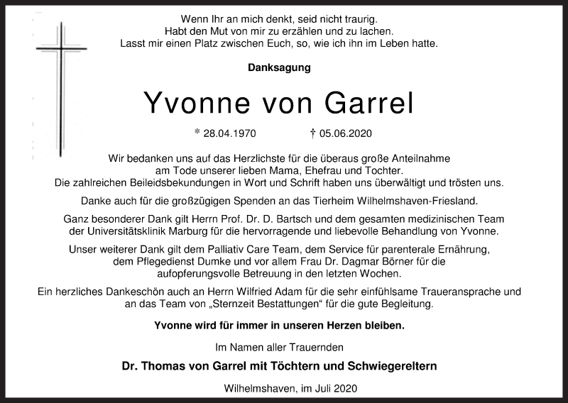  Traueranzeige für Yvonne von Garrel vom 25.07.2020 aus Wilhelmshavener Zeitung