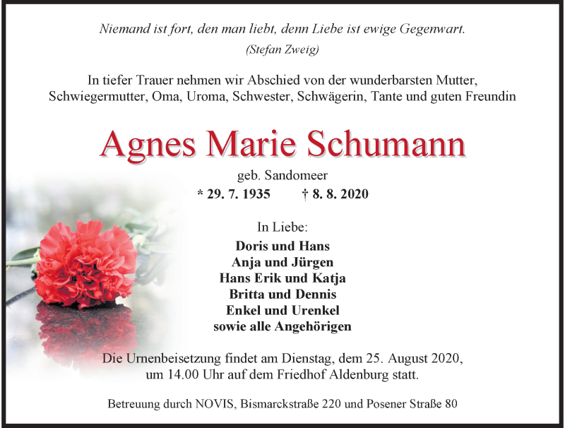  Traueranzeige für Agnes Marie Schumann vom 15.08.2020 aus Wilhelmshavener Zeitung