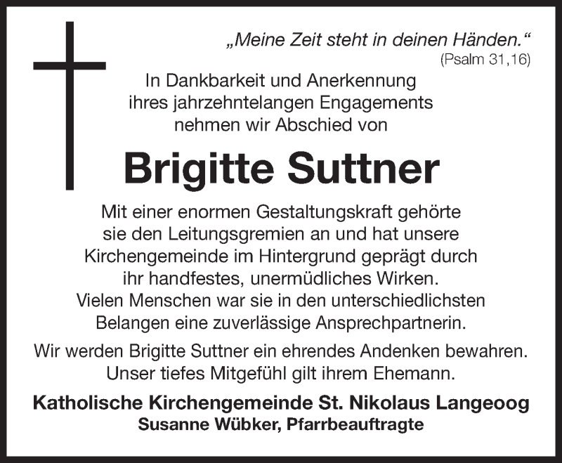  Traueranzeige für Brigitte Suttner vom 18.08.2020 aus Anzeiger für Harlingerland