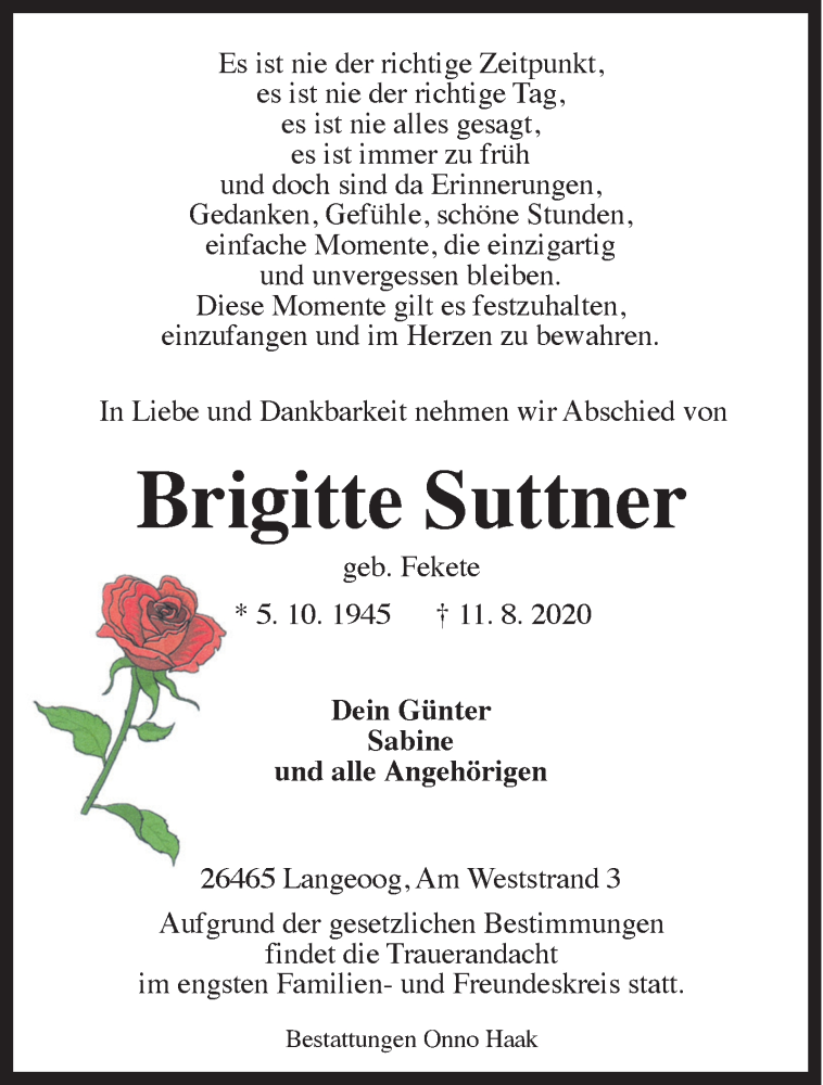 Traueranzeige für Brigitte Suttner vom 15.08.2020 aus Anzeiger für Harlingerland